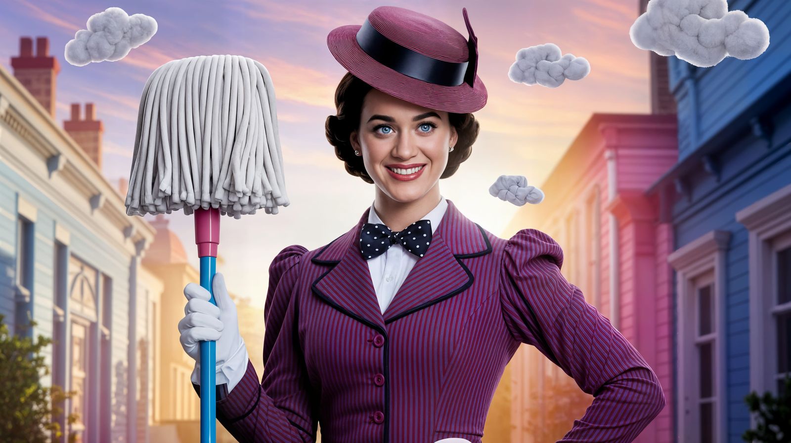 Katy Perry as Mary Poppins in Whimsical Street Scene