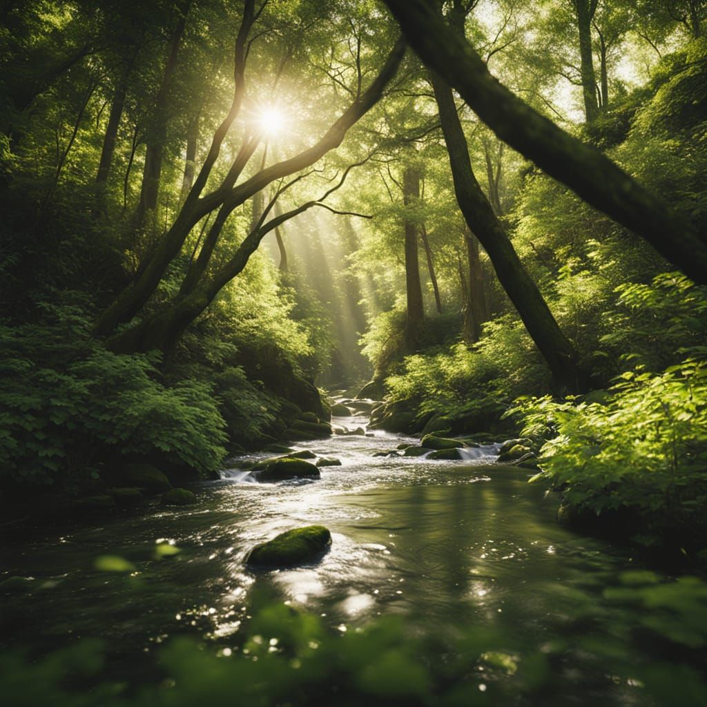 Lush Forest River Scene in Realistic Photography Style
