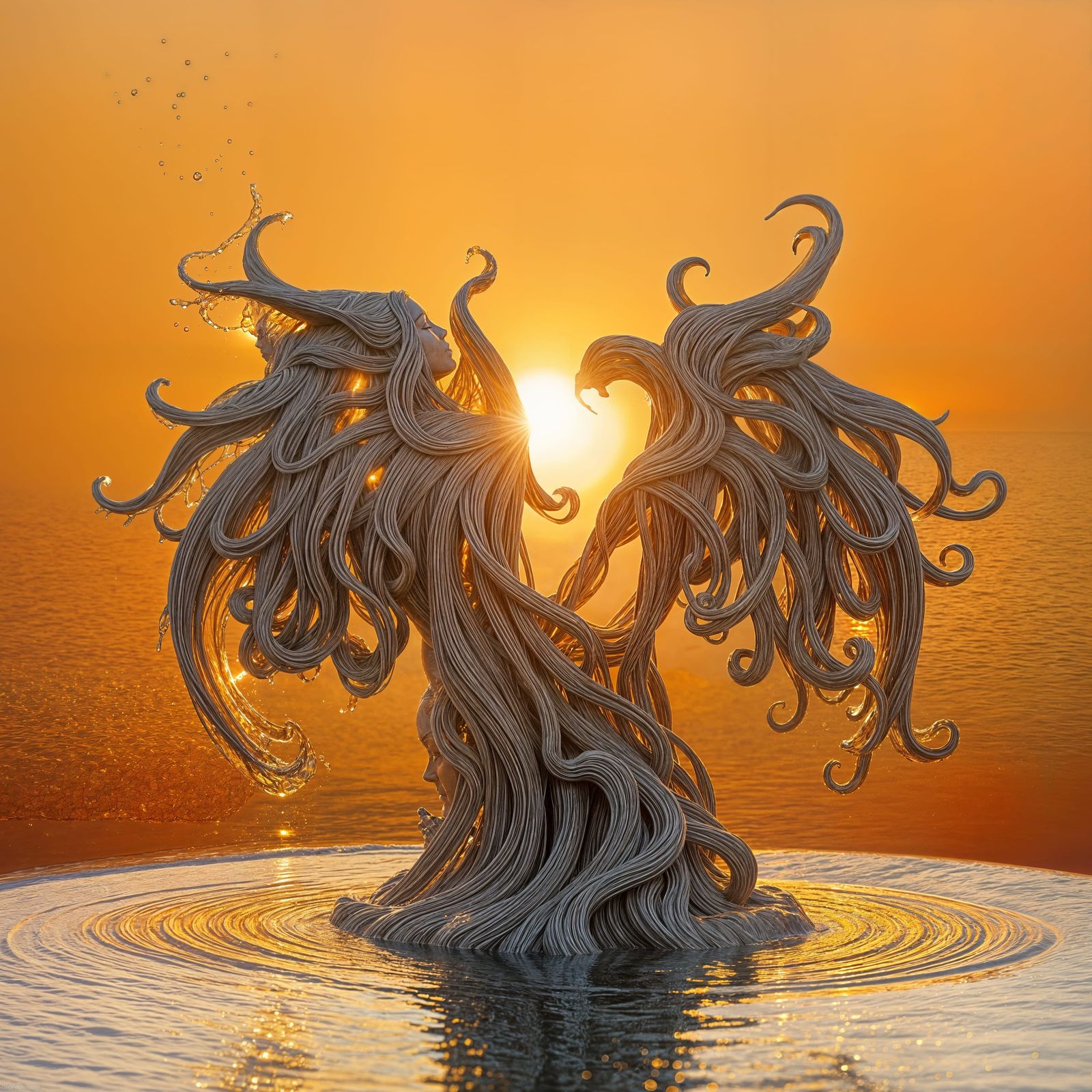 Hyperrealistic Liquid Water Statue Illuminated by Warm Sunse...
