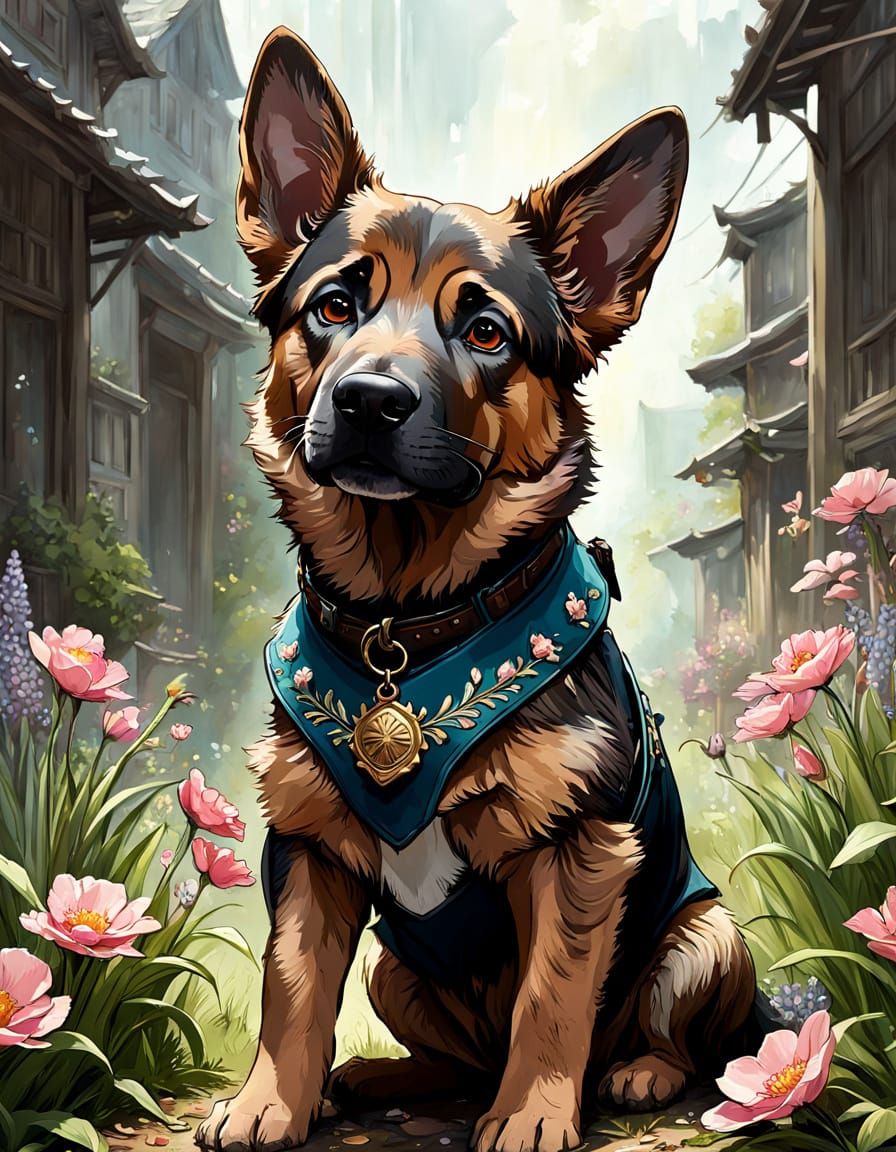 German Shepherd Pitbull Mix Puppy in Floral Spring Attire