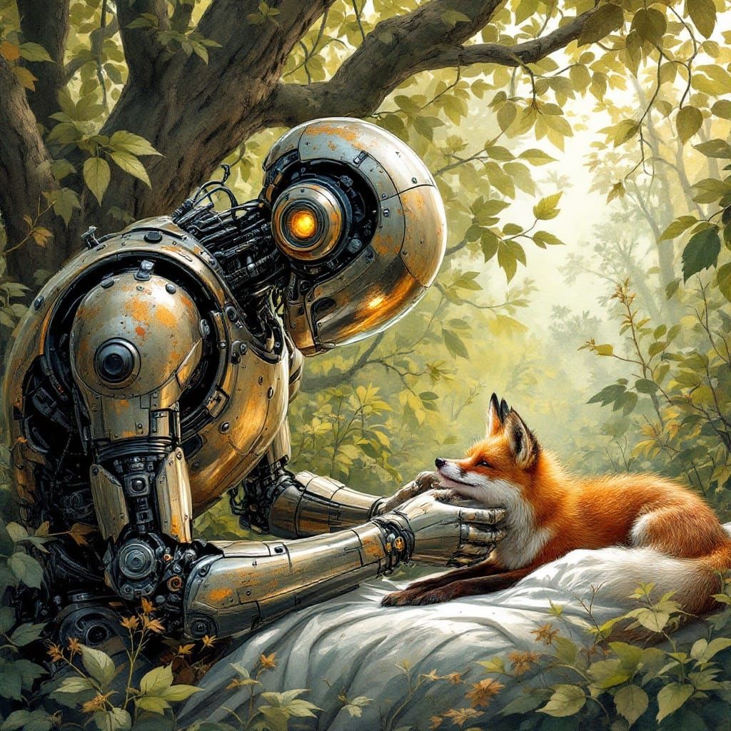 Android Assists Injured Fox in Lush Woodland Scene