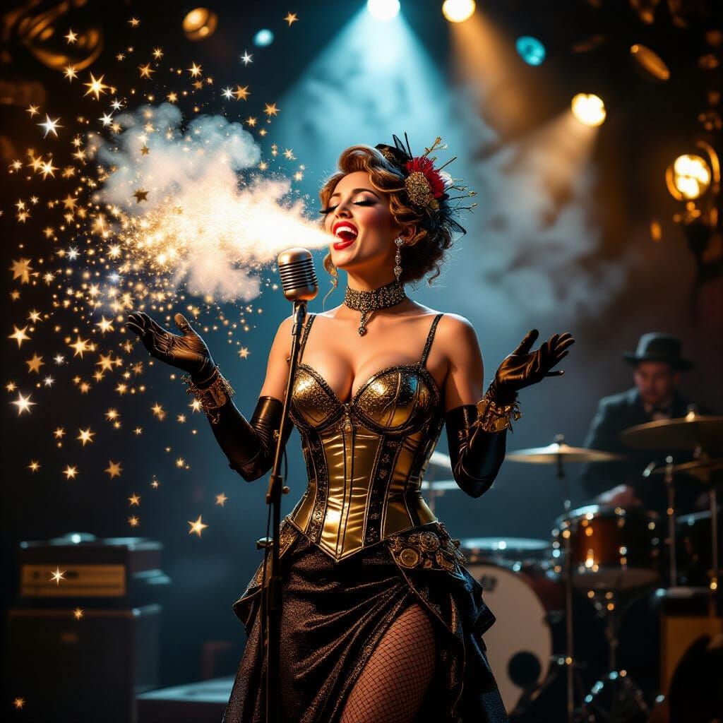 Steampunk Singer Sneezes Glitter and Gears Amidst Falling Li...