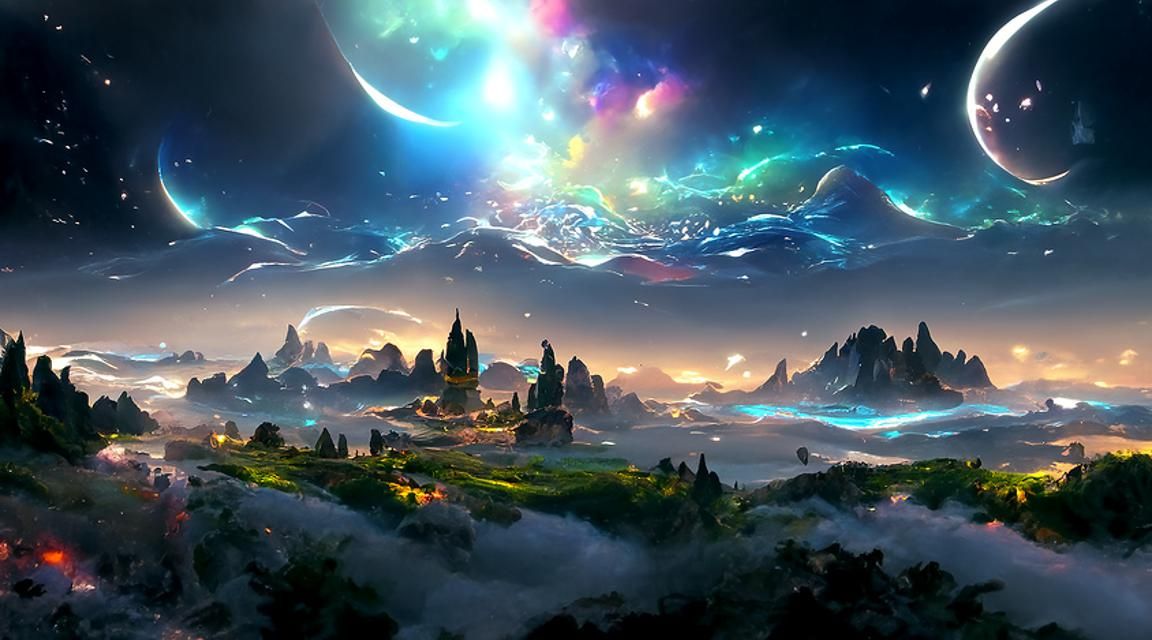 Iridescent Fantasy Landscape with Cosmic Sky