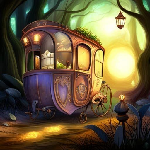 Magic Fantasy Wagon in Forest at Night