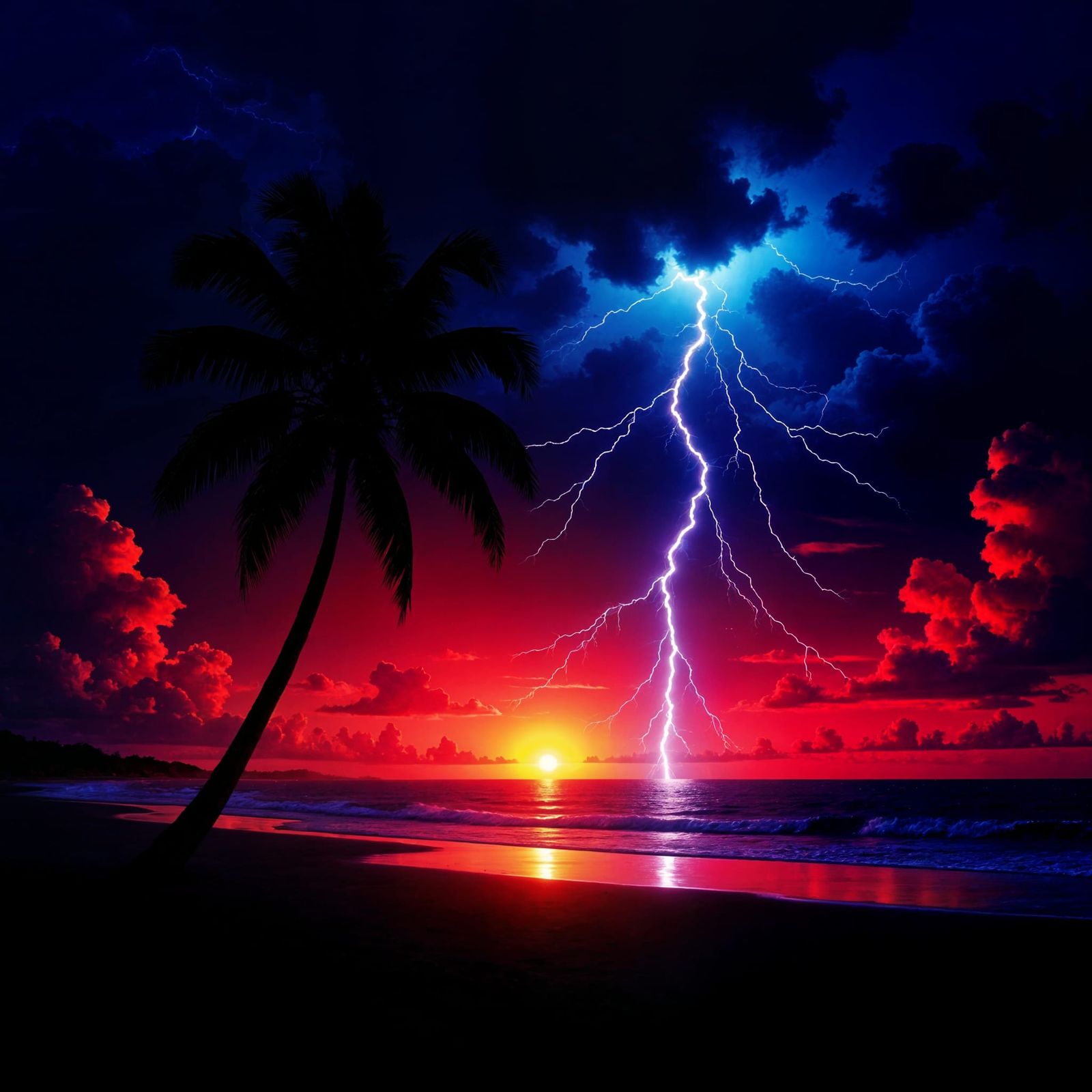 Vaporwave Beach: Thunder, Lightning, and Red Sky