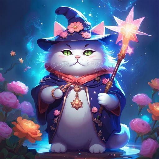 Chubby Cat Wizard Anime Portrait with Wand