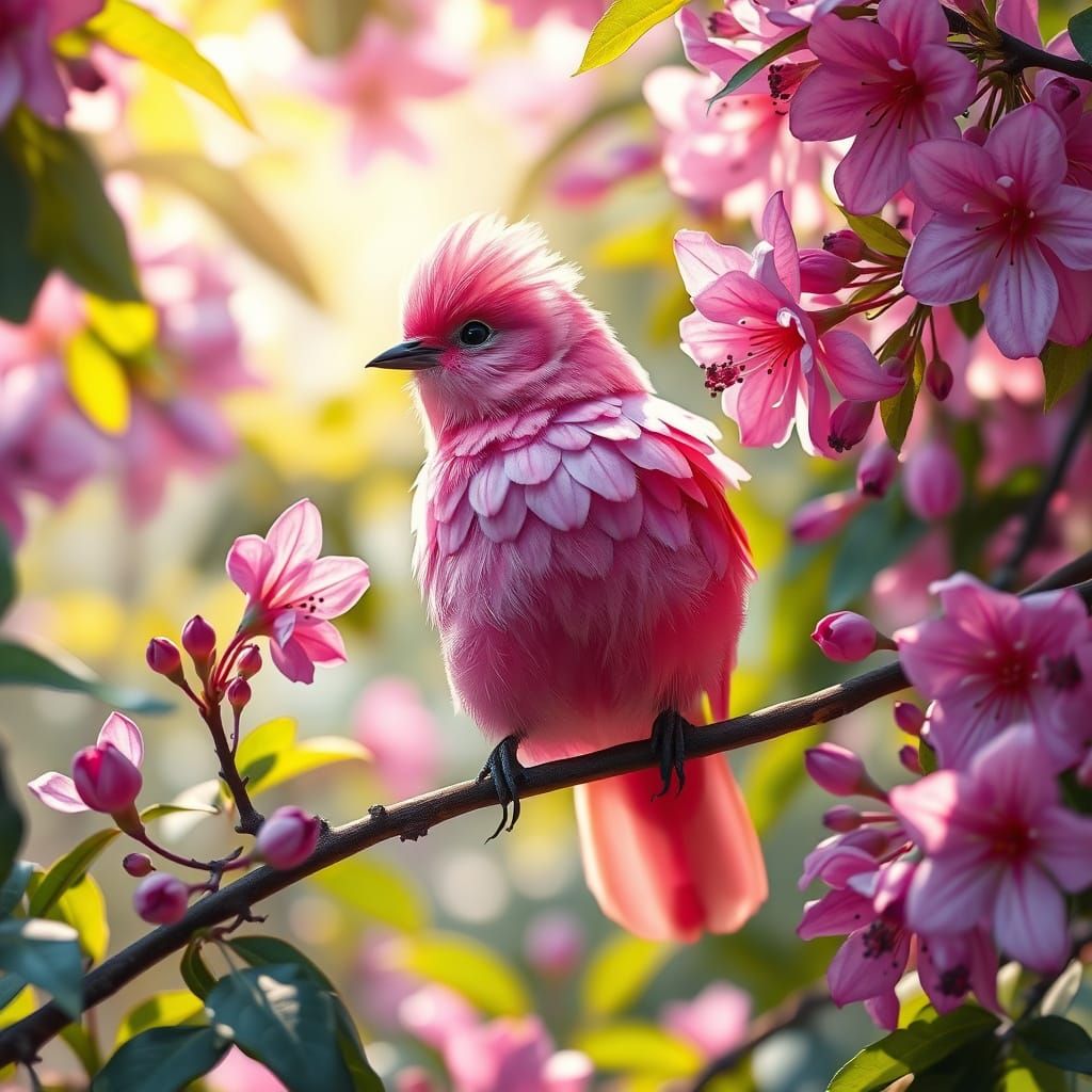 Vibrant Floral Bird Perched in Whimsical Garden