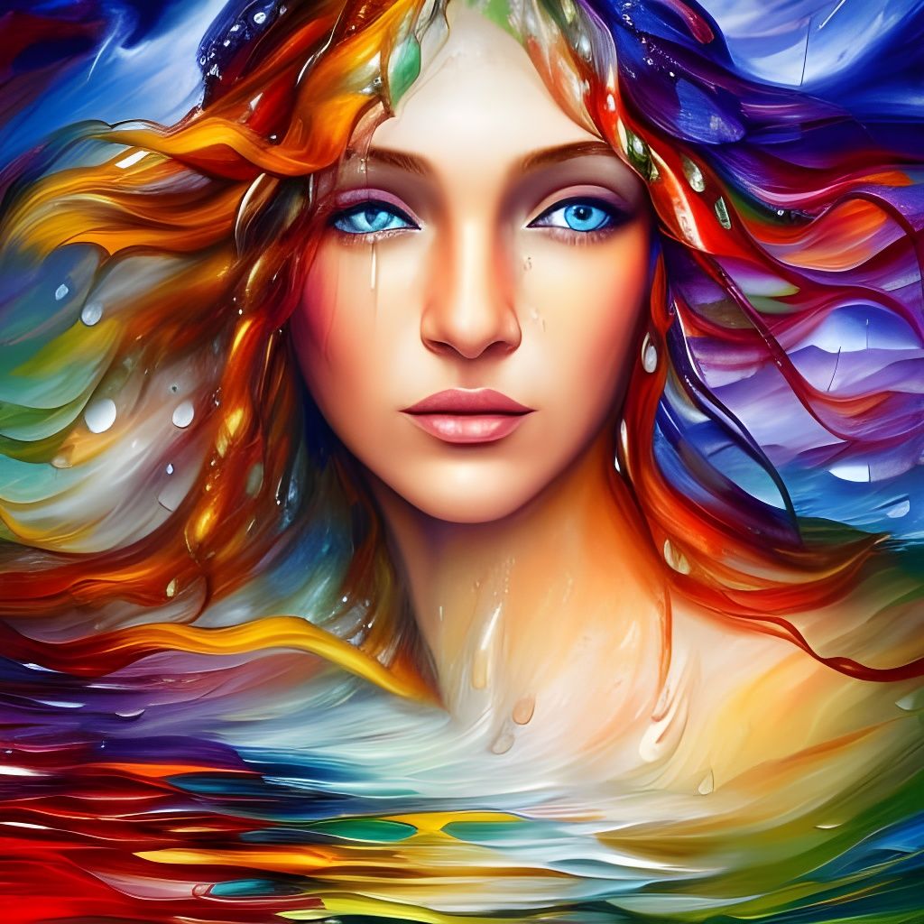 Beautiful Wet Woman Shaking Hair in Hyperrealistic Painting