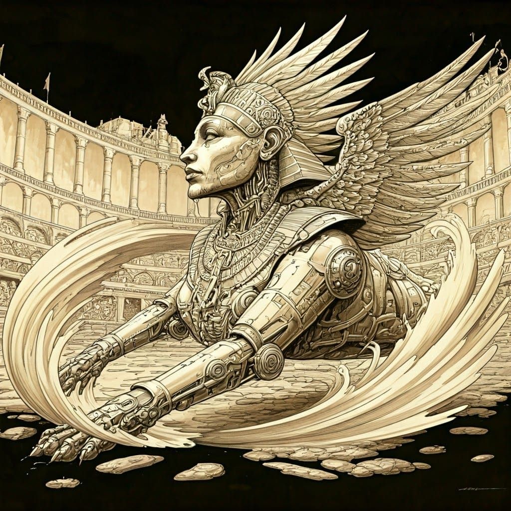 Cyberpunk Sphinx Battles in Ancient Roman Arena