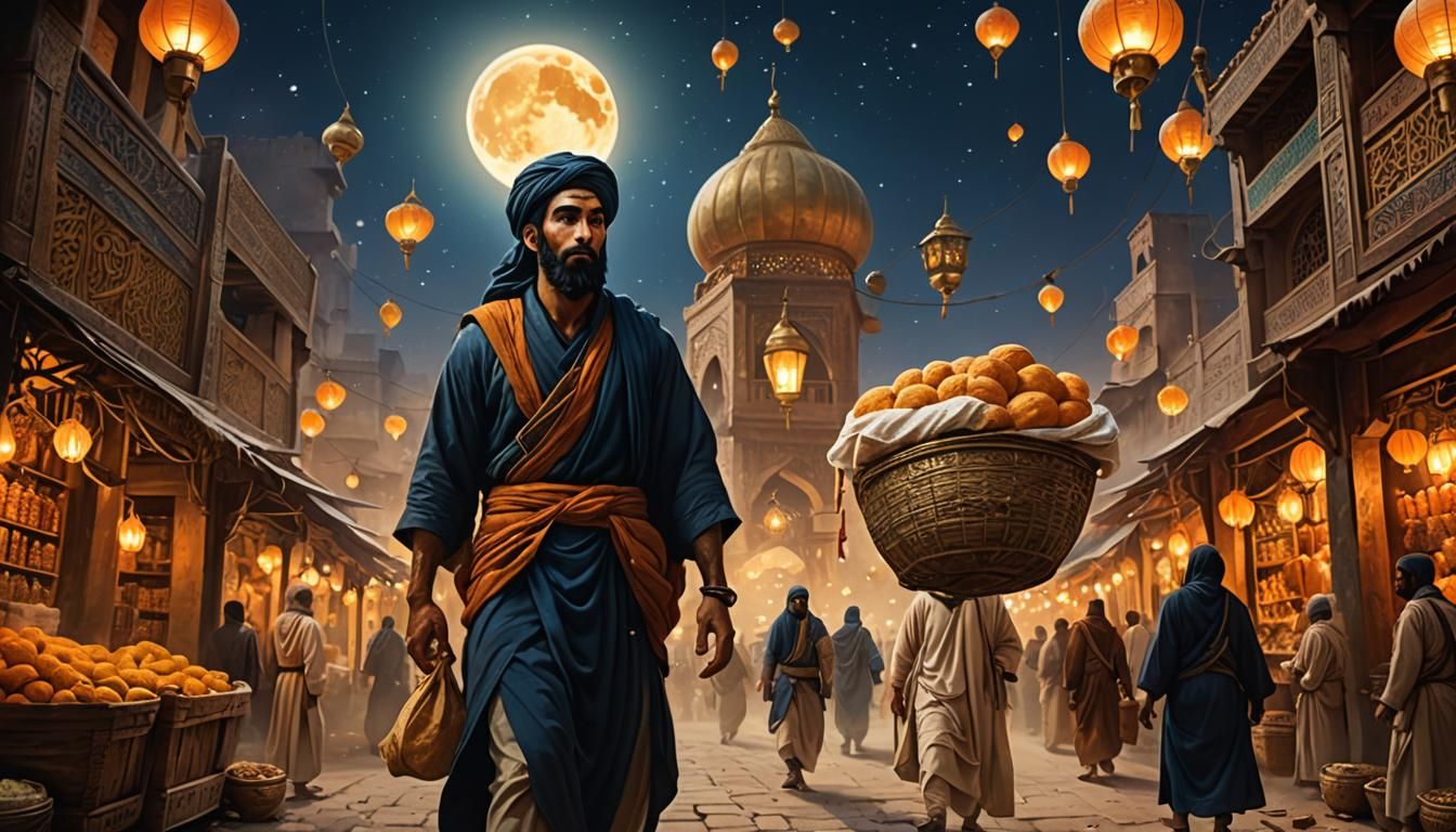 Hazrat Umar in Moonlit Marketplace Concept Art