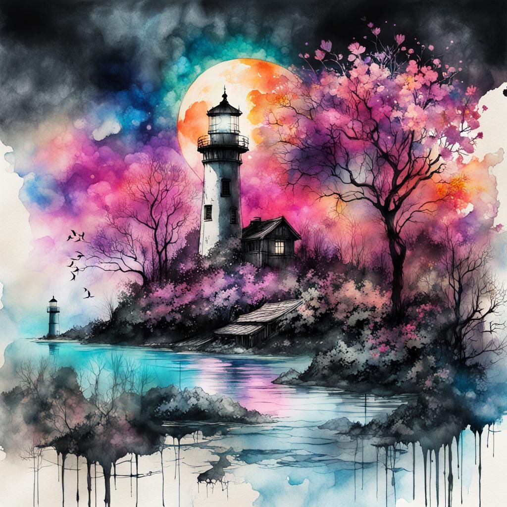 Fantasy Lighthouse Double Exposure in Surreal Style
