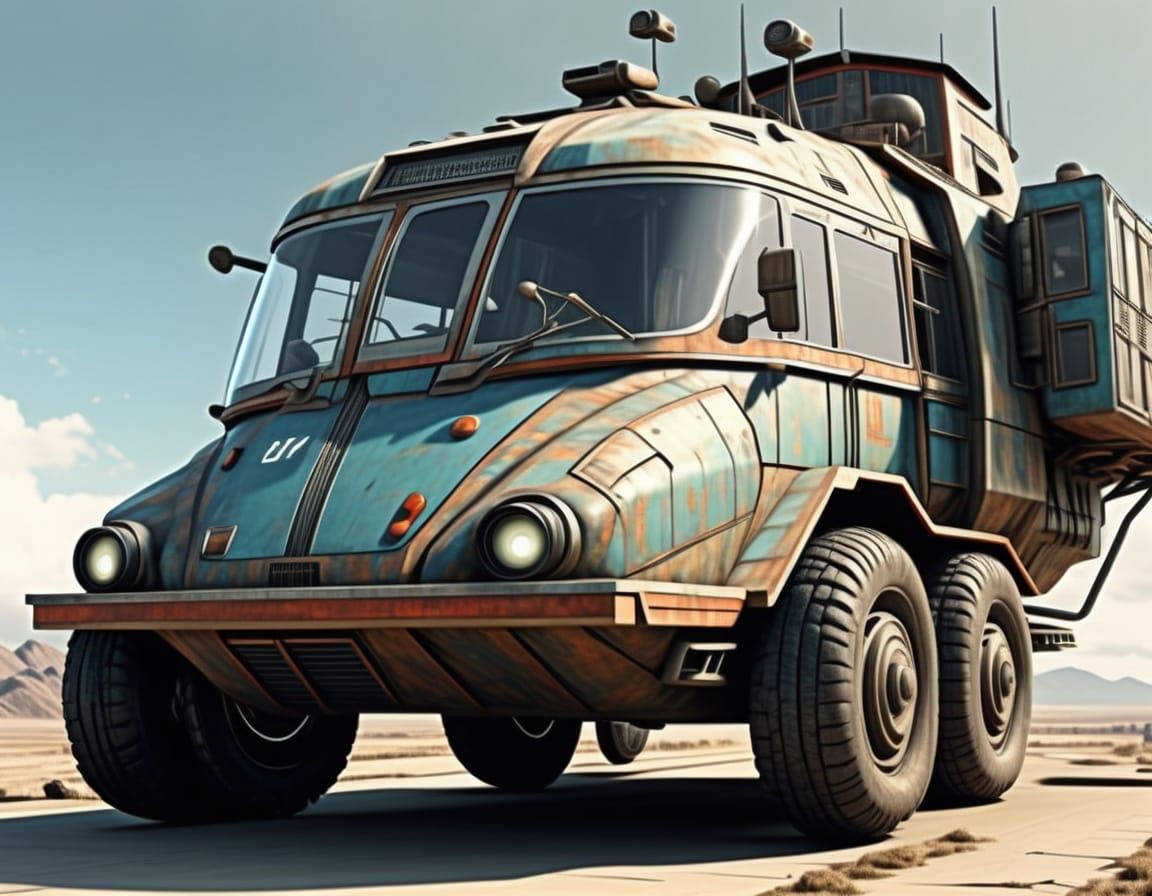 Futuristic Vehicle Navigating Dystopian Landscape
