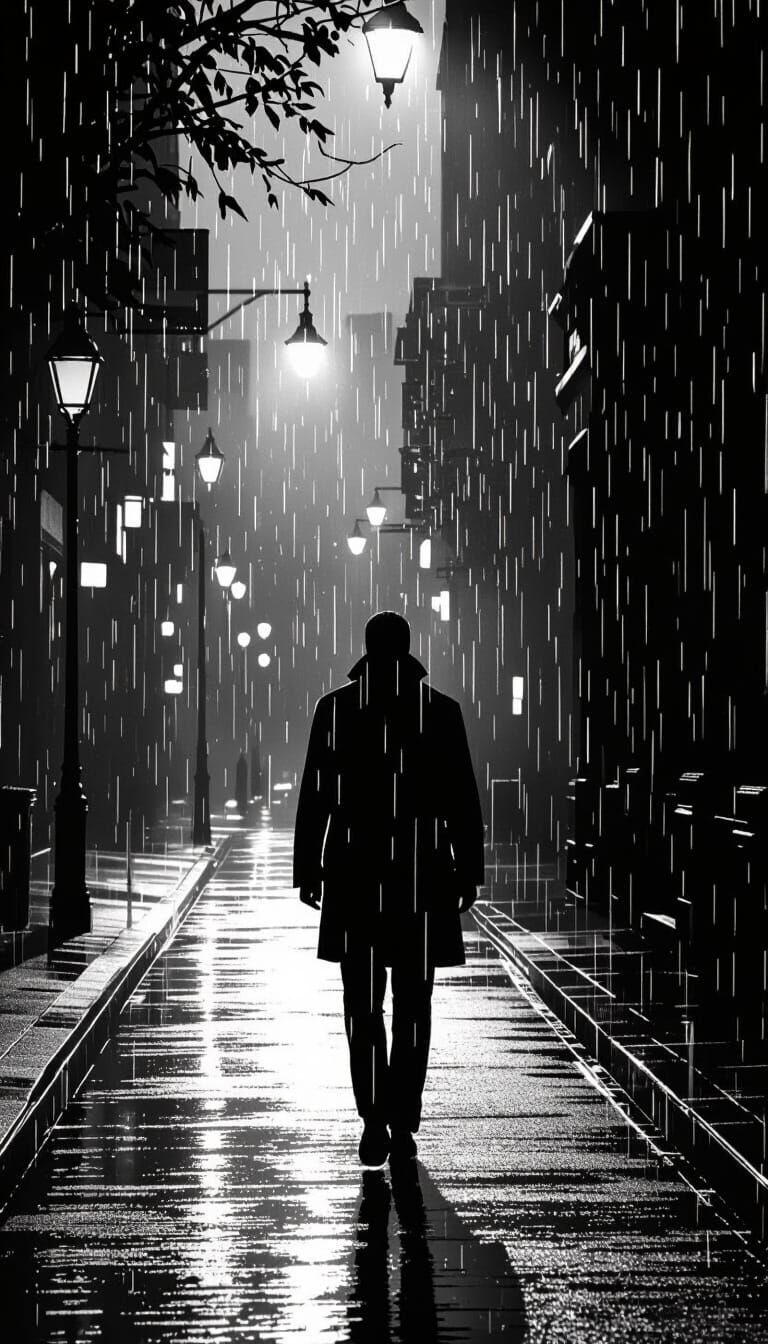 Rainy Night Silhouette in Noir Style