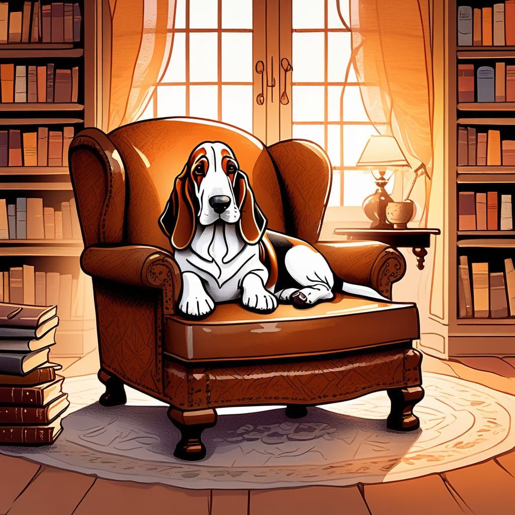Sleepy Basset Hound in Cozy Library Pen-and-Ink