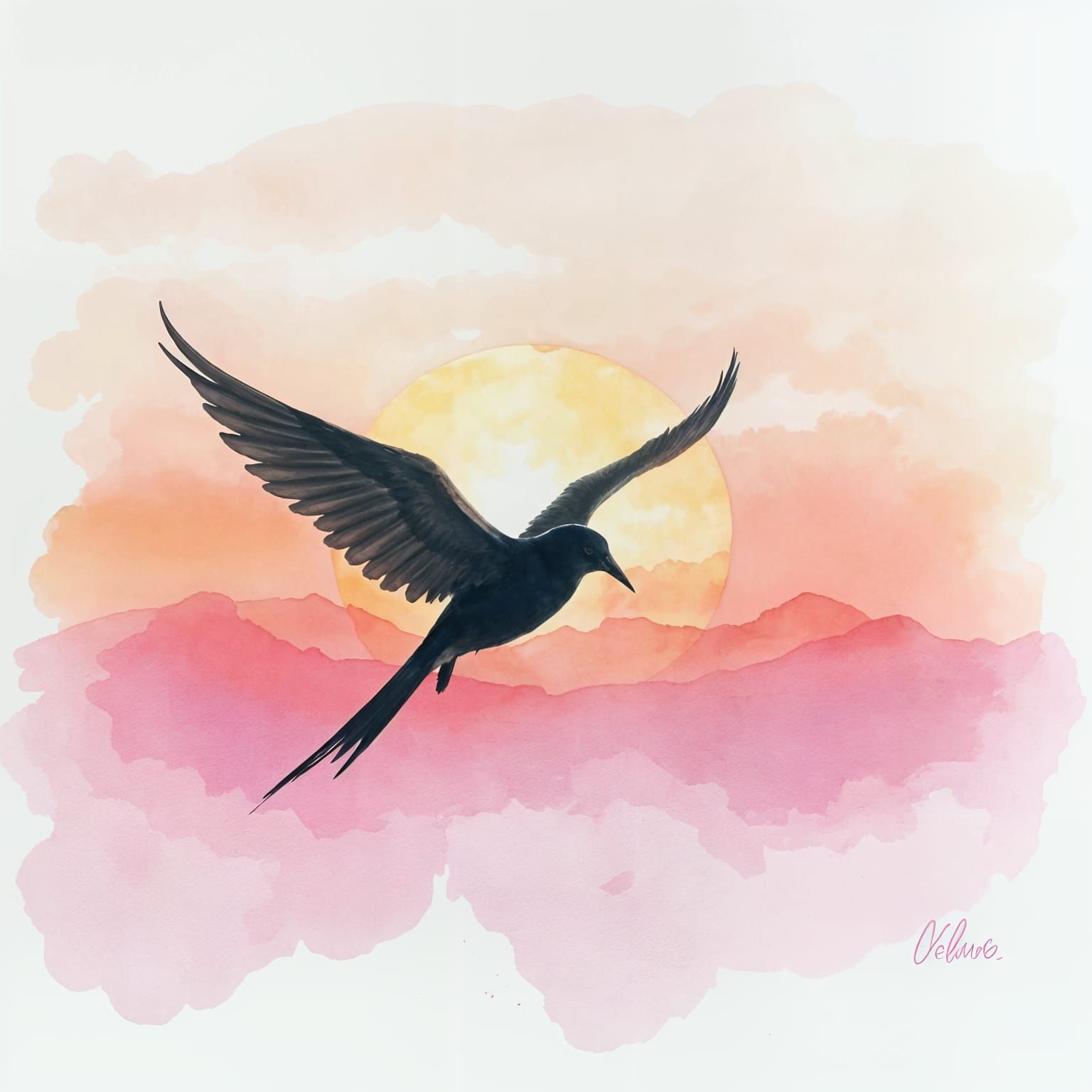 Watercolor Bird Silhouette in Sunrise Landscape