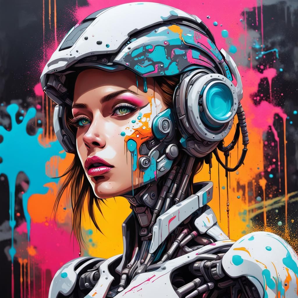 Futuristic Cyborg Lady in Graffiti Art Style