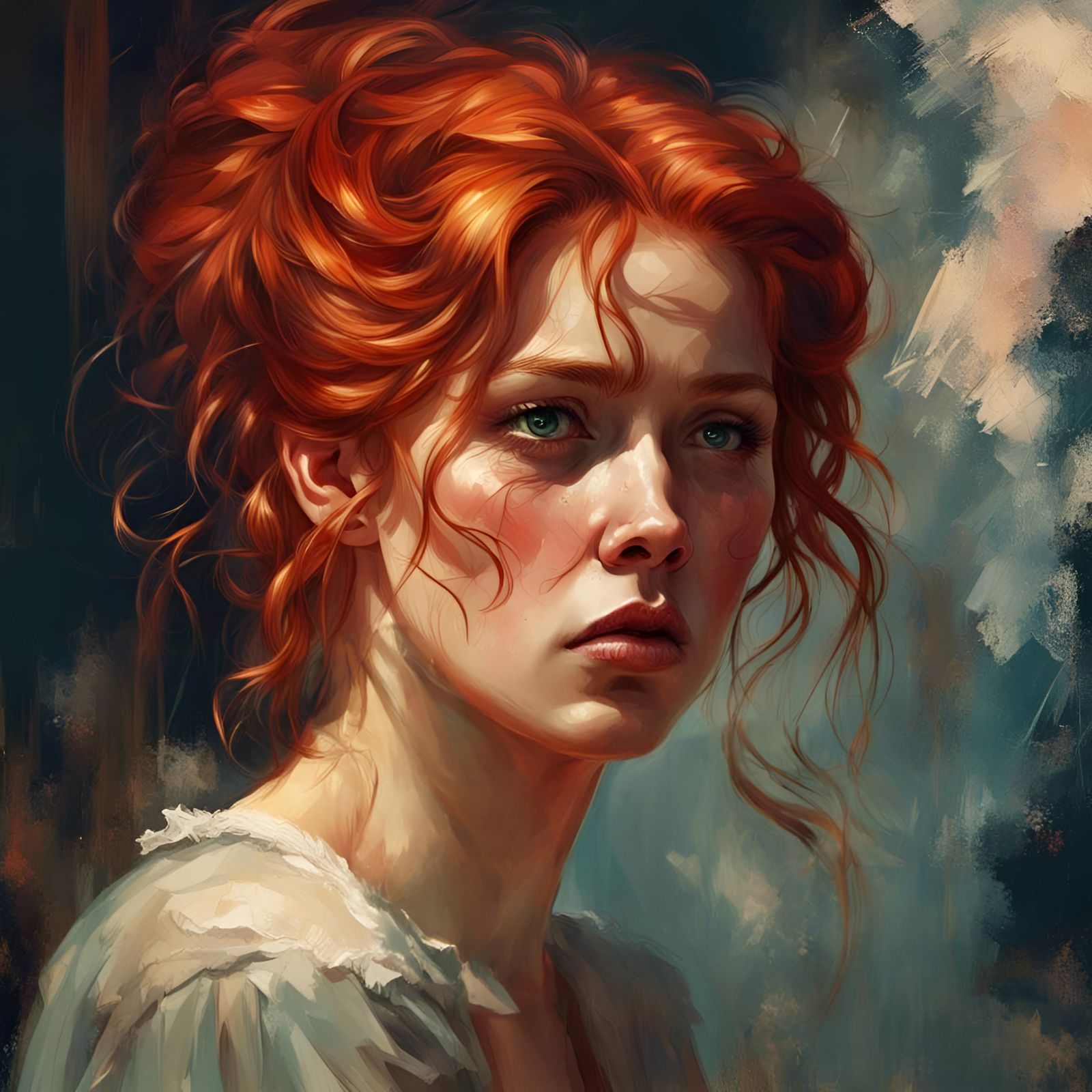 Sad Redhead Portrait in Digital Illustration Style