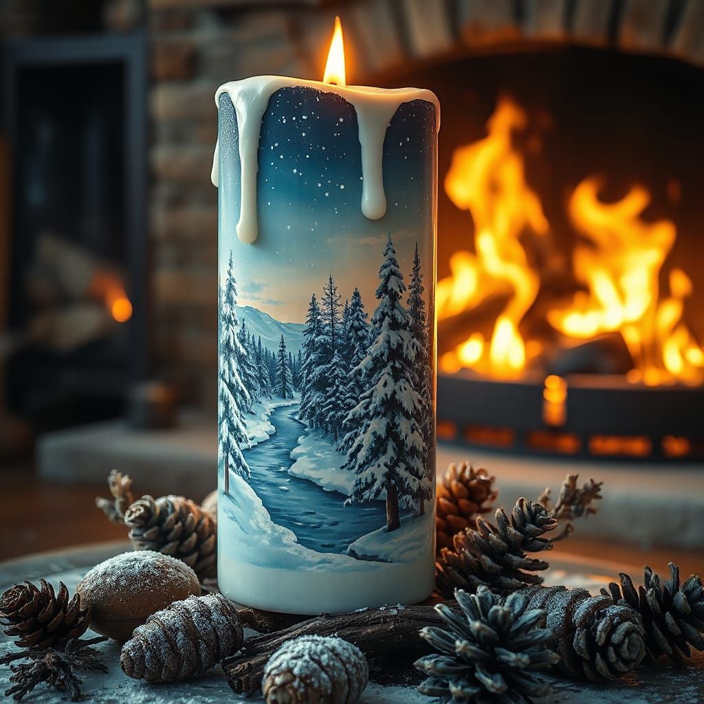 Intricately Painted Candle with Winter Forest Scene