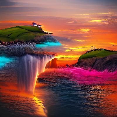 Colorful Sunset Waterfall Island in Cubist Graffiti Style
