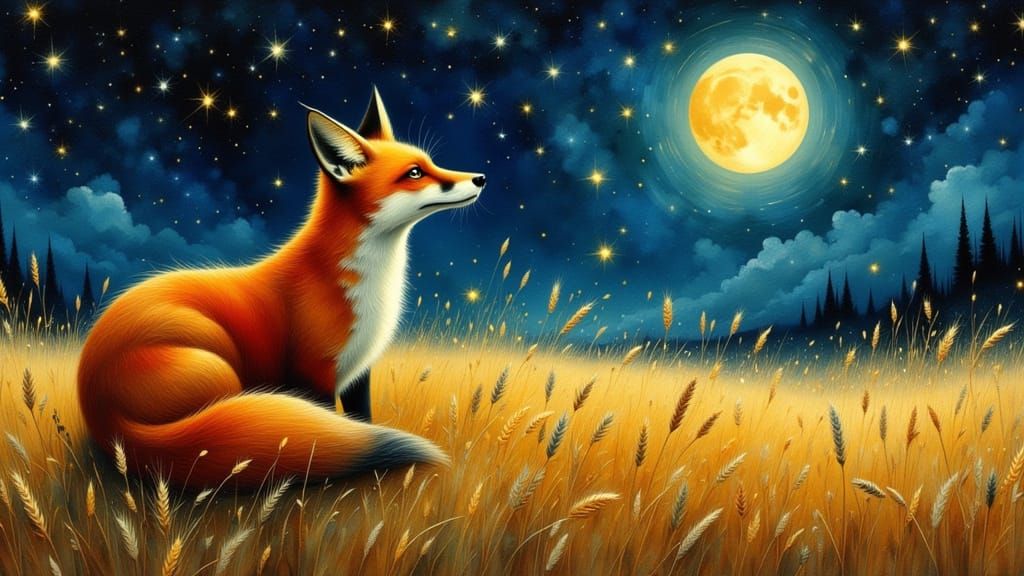 Fox Under Starry Night Sky