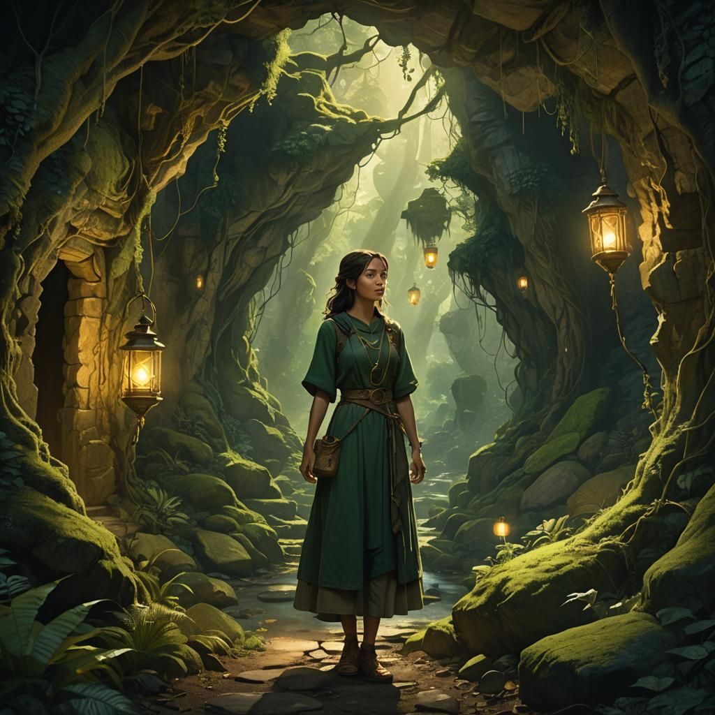 Fantasy Girl with Lantern in Forest Cave