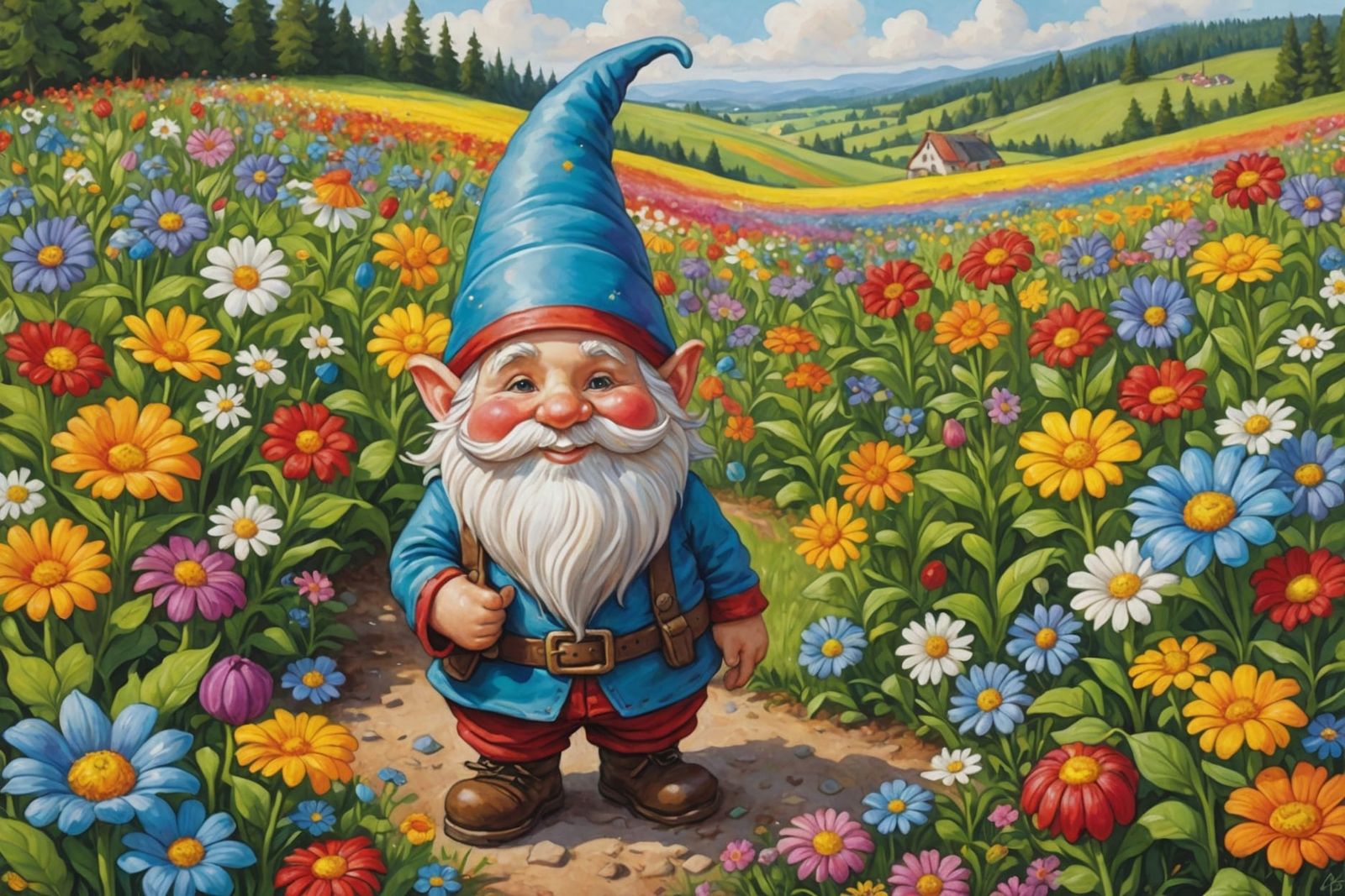 Whimsical Gnome with Rainbow Hair in Flower Field