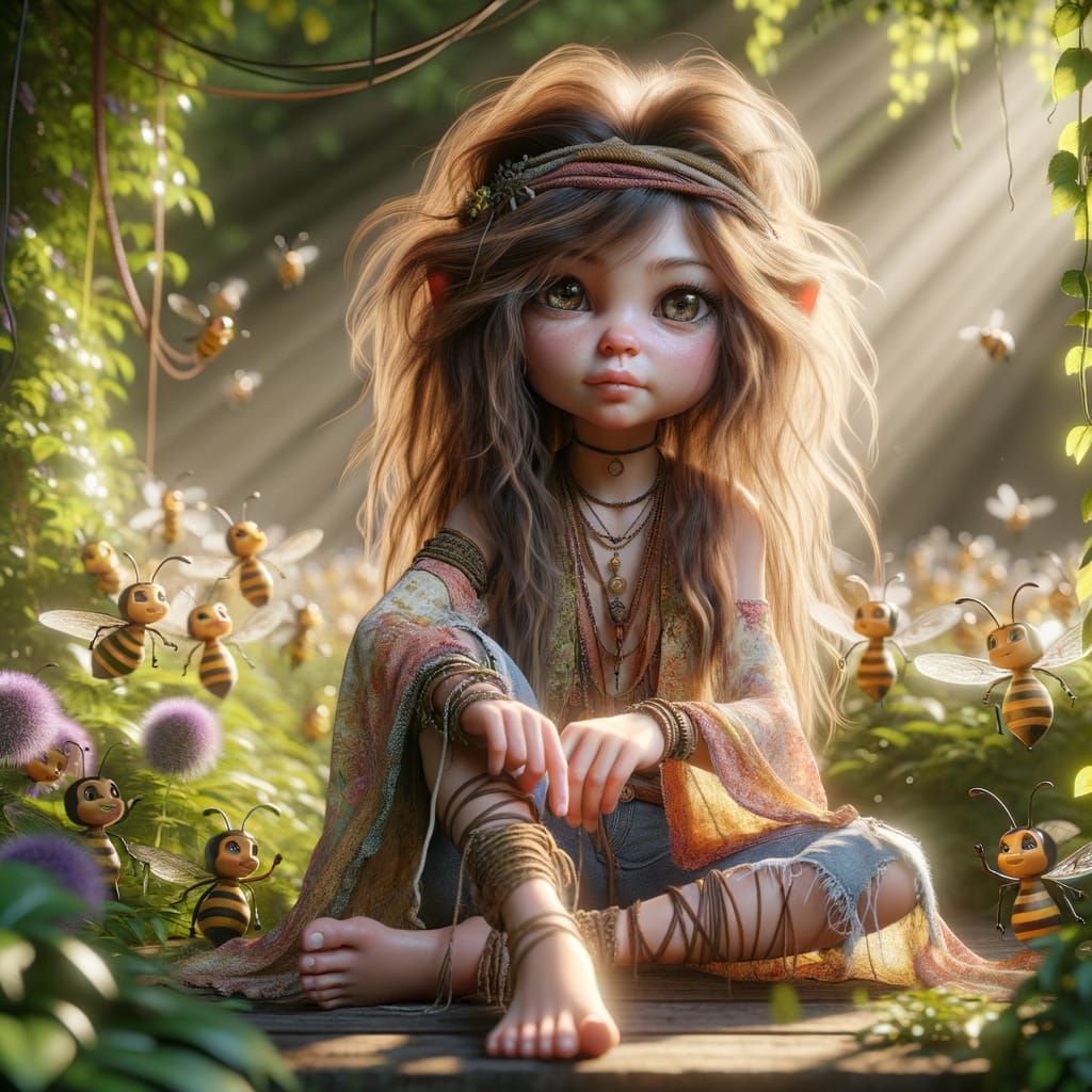 Hippie Pixie in Sunny Garden, Digital Painting