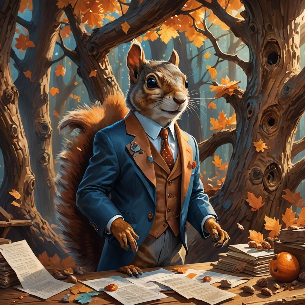 Squirrel Businessman in Hollow Tree: Fantasy Oil Painting