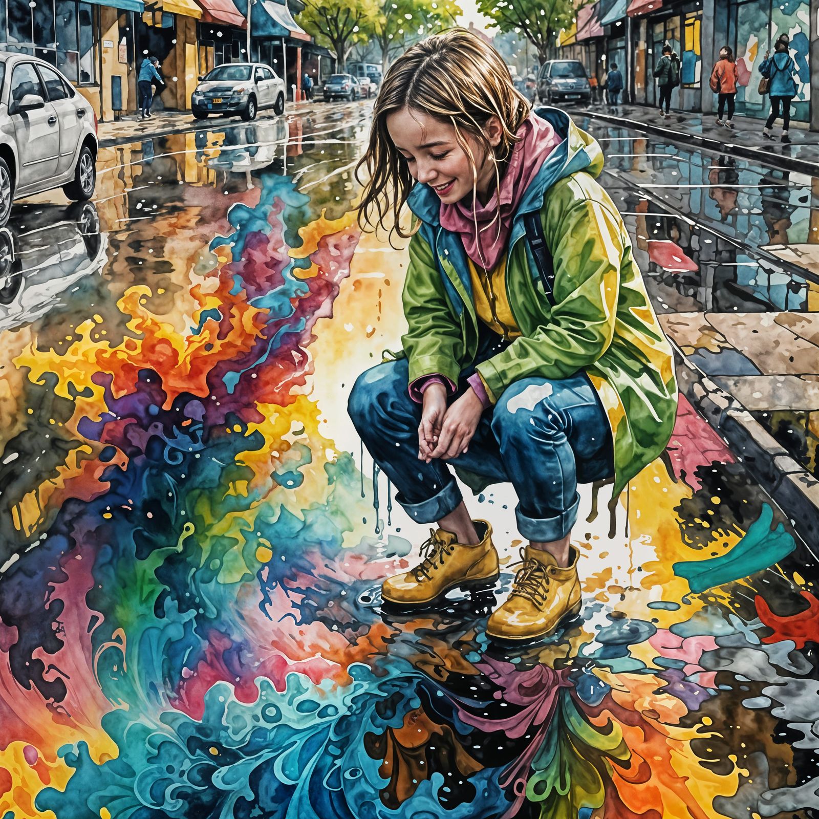 Girl Marvelling at Rainbow Puddle: Watercolor Illustration