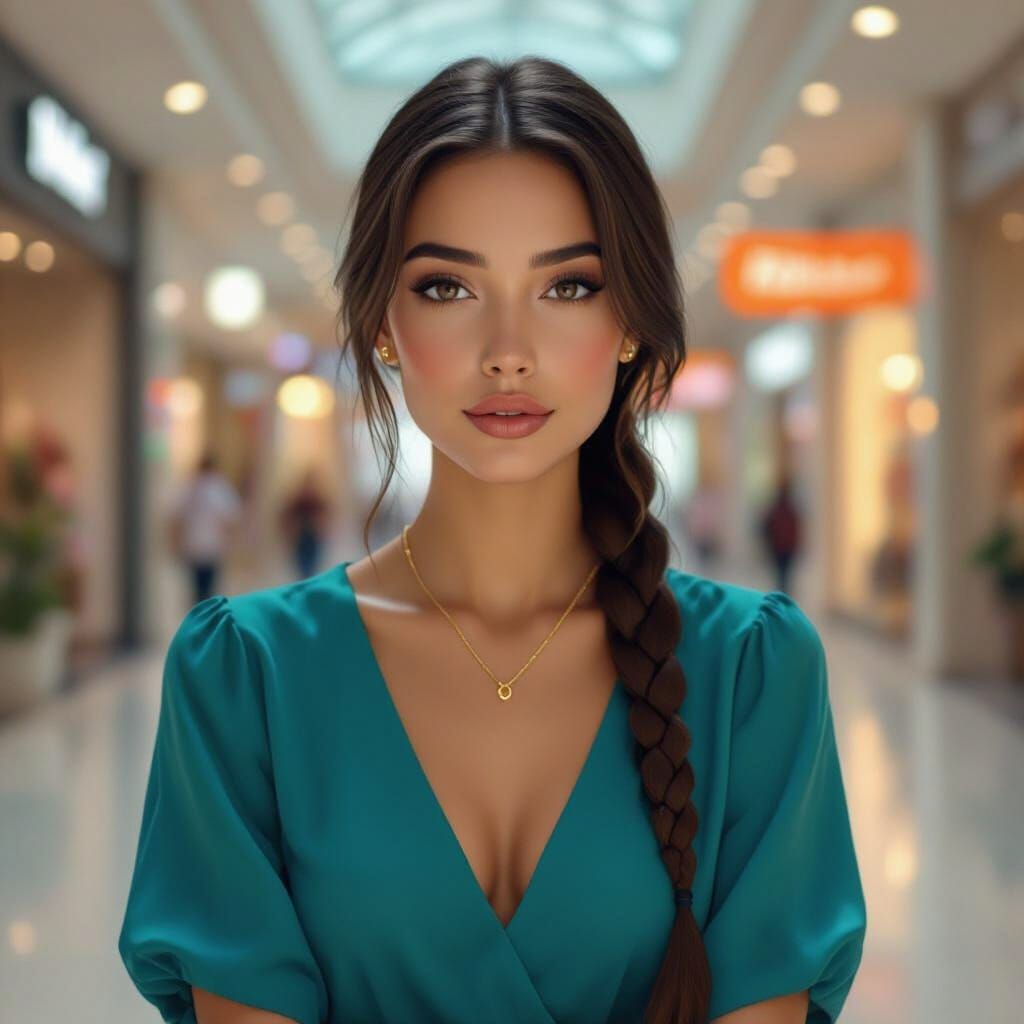 Hyperrealistic Woman in Mall With Braid and Gold Necklace