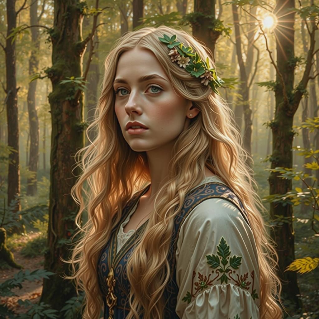 Mystical Forest Witch in Emerald Robe, Digital Art