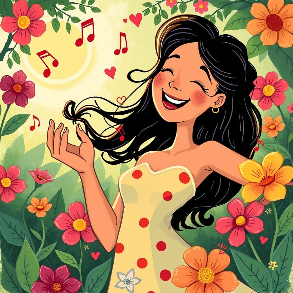 Whimsical Cartoon Goddess Dances in Vibrant Floral Wonderlan...