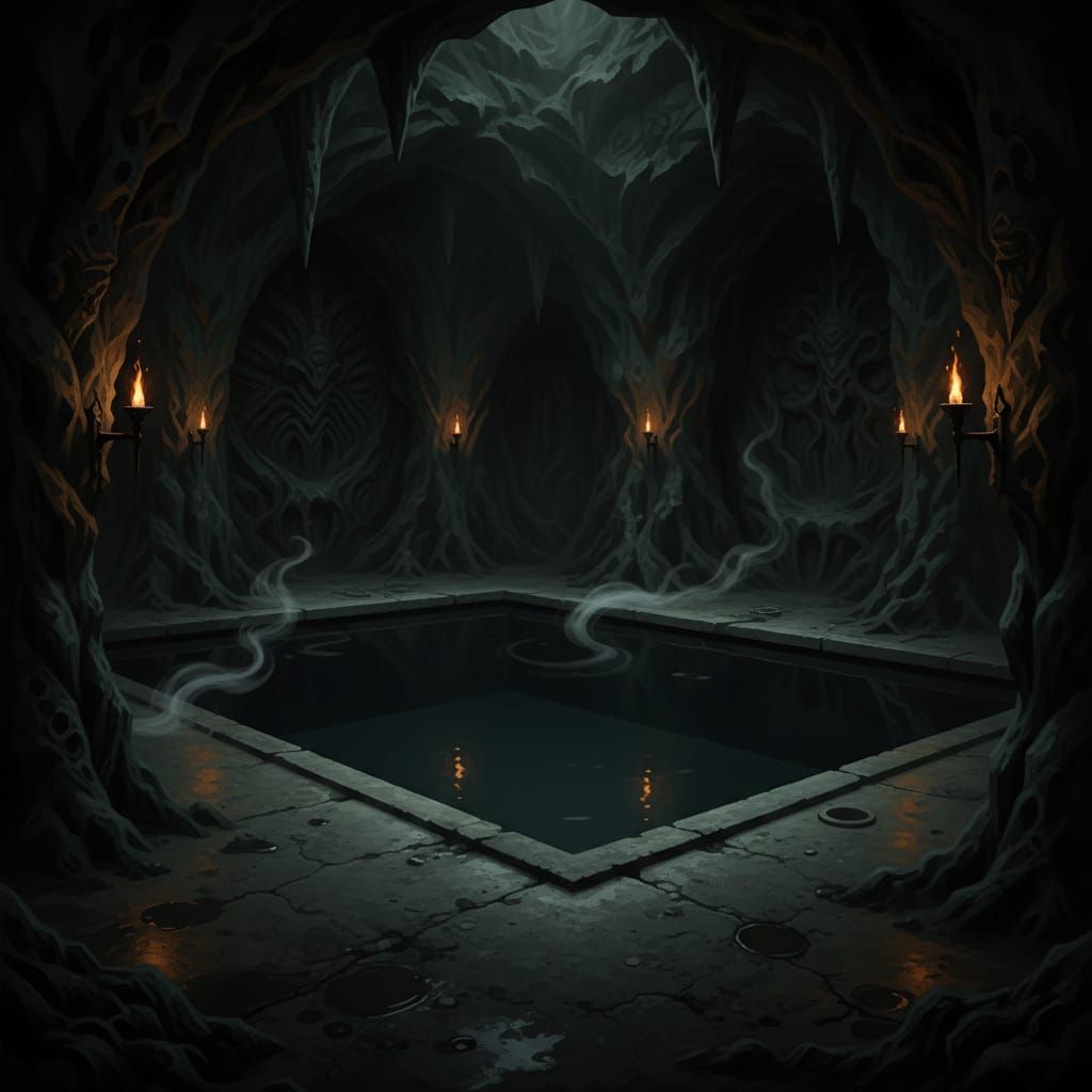 Mysterious Underground Pool in Dark Rock, Eerie Glow