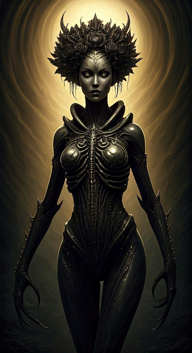 Ethereal Xenomorph Queen in Dark, Gilded Splendor