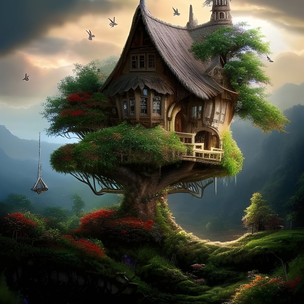 Futuristic Treehouse on Overgrown Hill, Digital Art