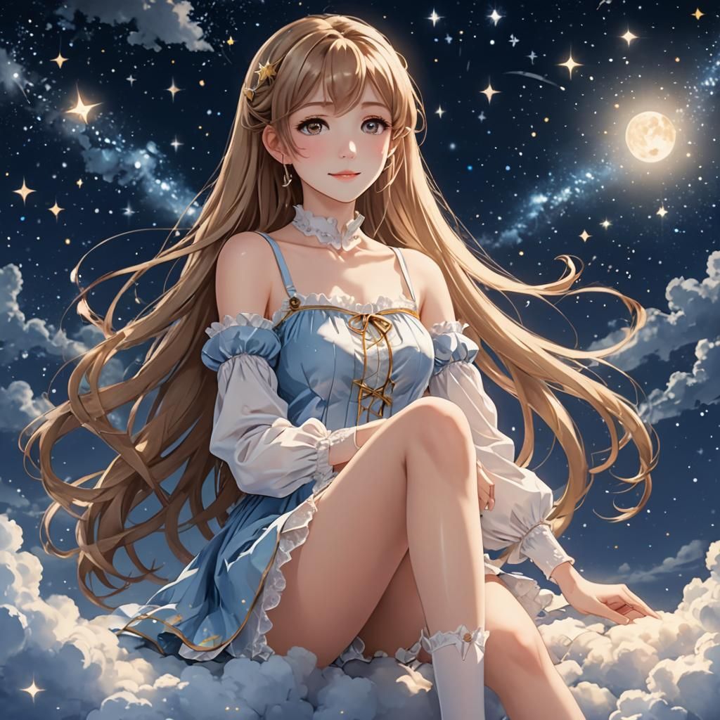 Serene Anime Goddess Sits on Celestial Cloud