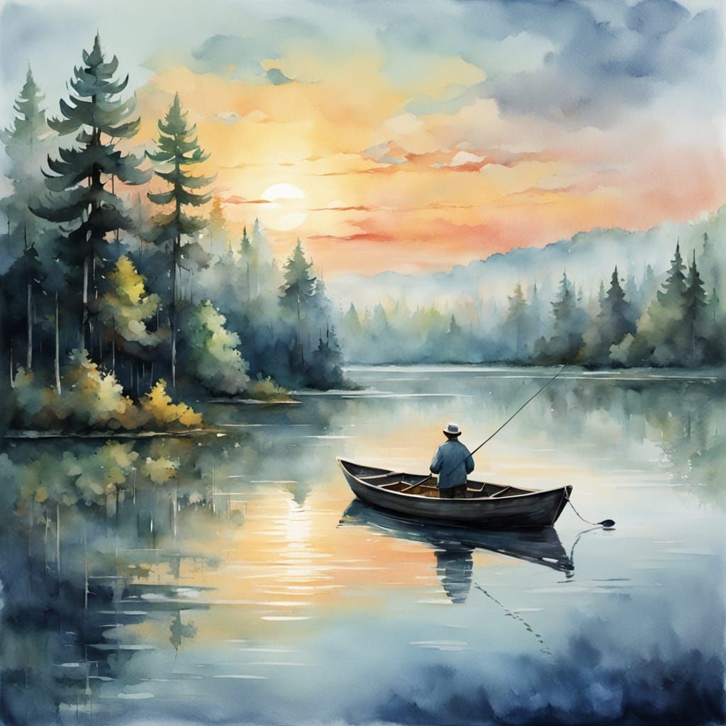 Serene Sunrise Fishing Scene in Textured Digital Painting