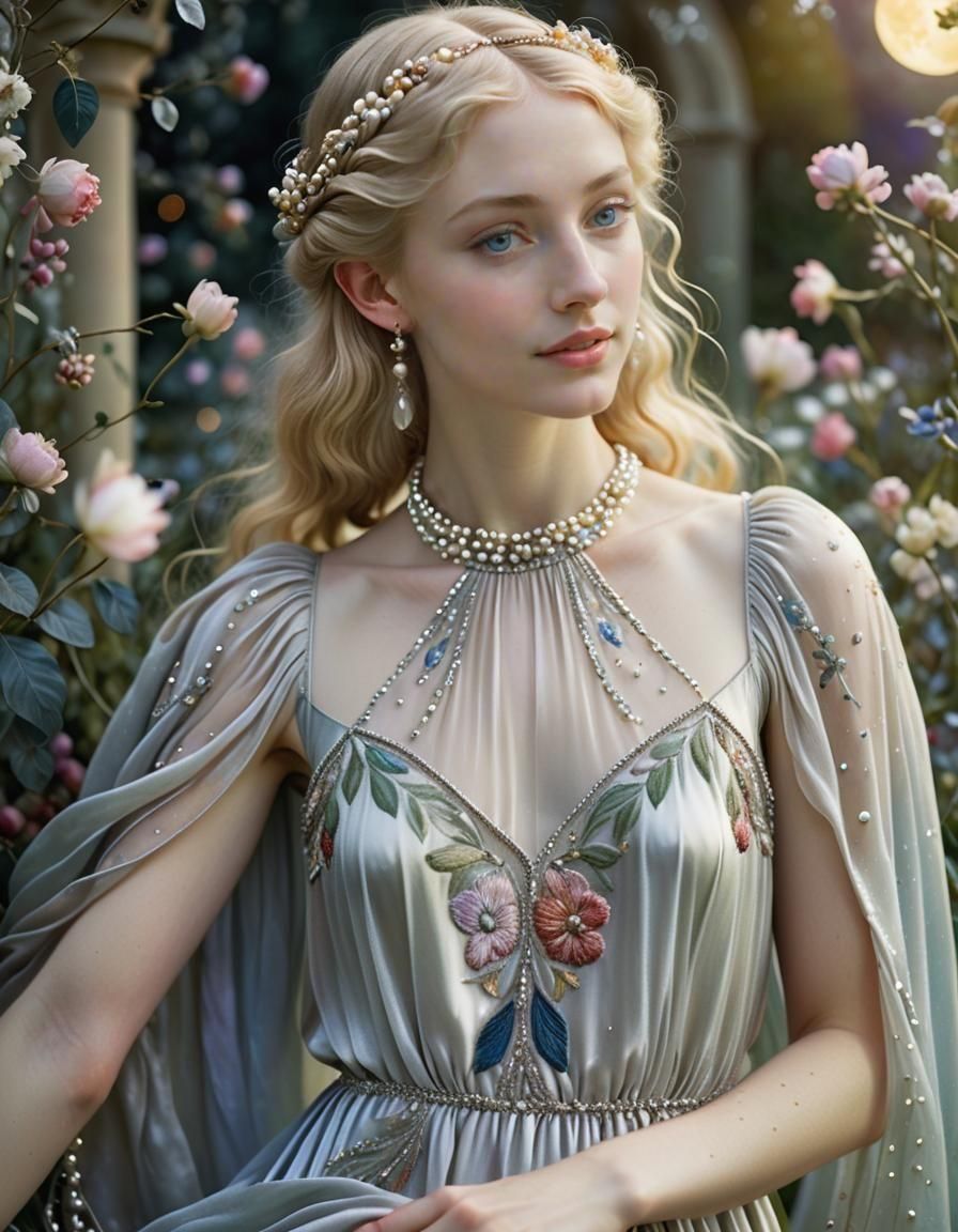 Angelic Woman with Silver Dress, Botticelli Style