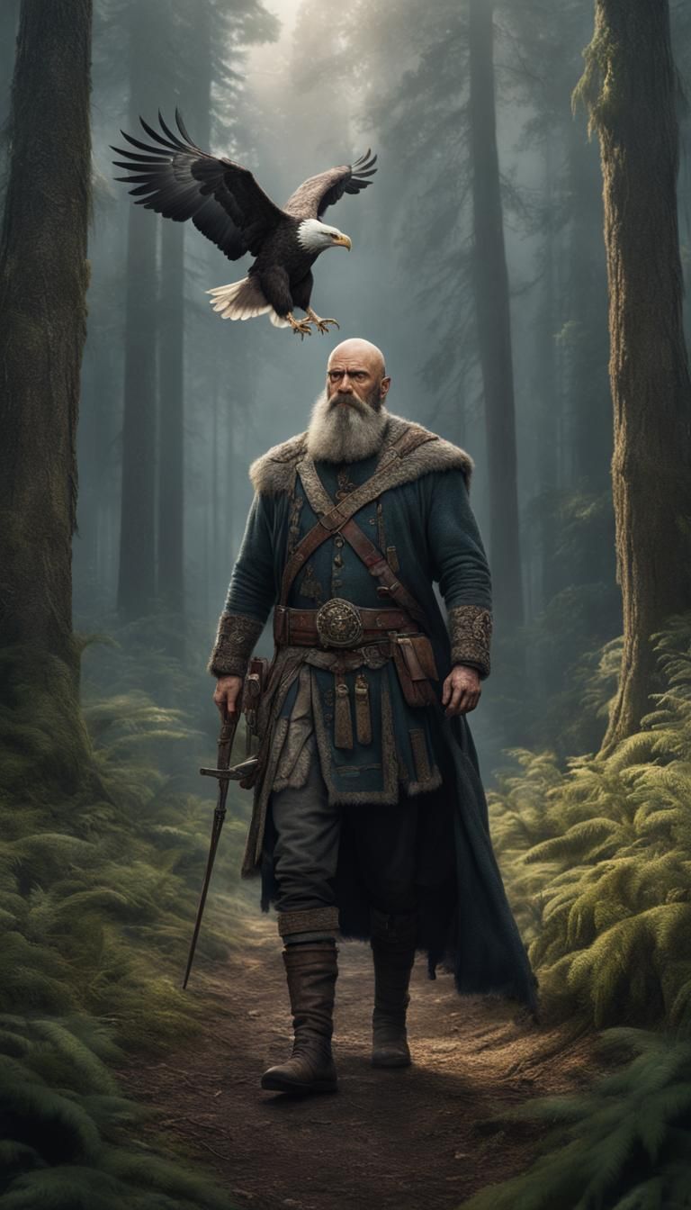 Slavic Man with Falcon and Eagle in Forest