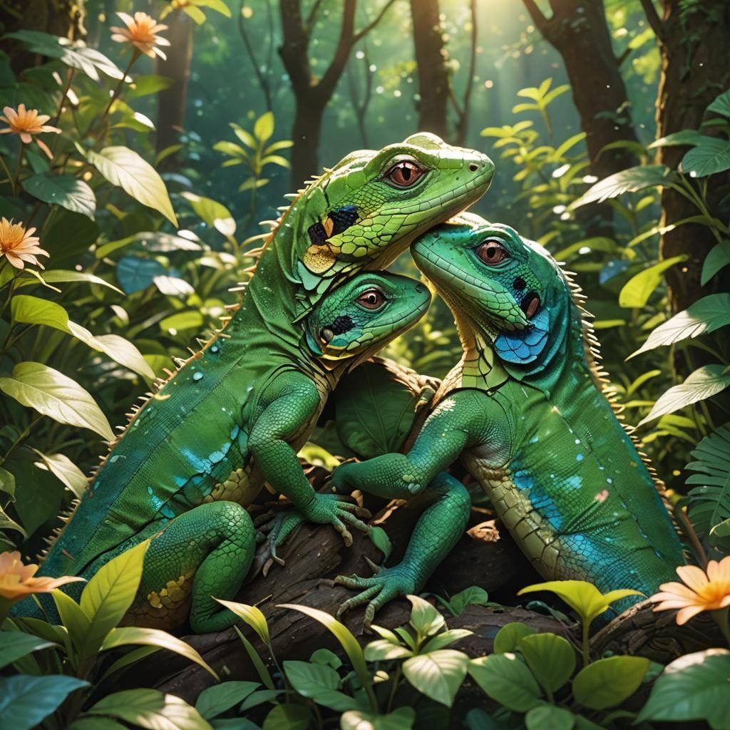Lizards Embrace in Lush Forest, Anime Style