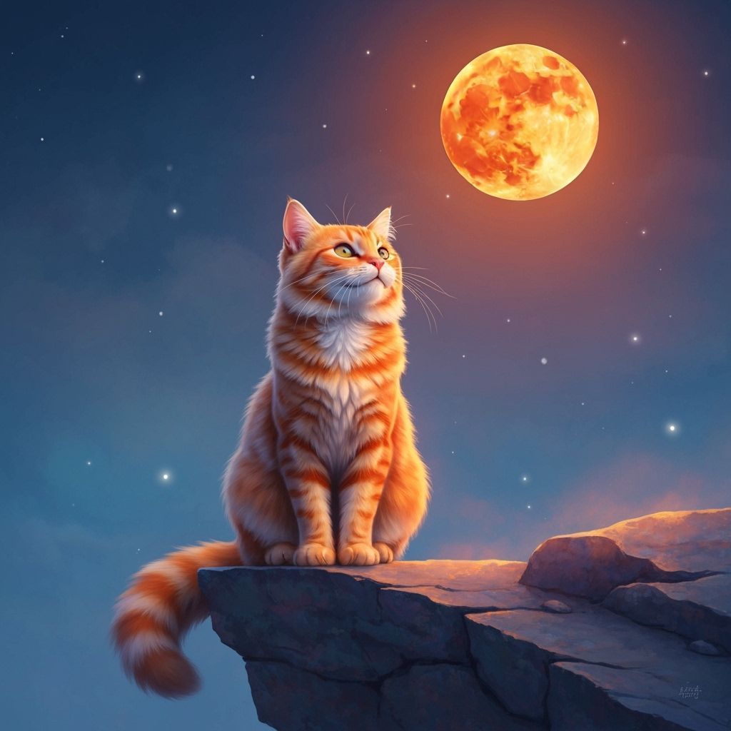 Tabby Cat Gazing at Orange Moon in Whimsical Style