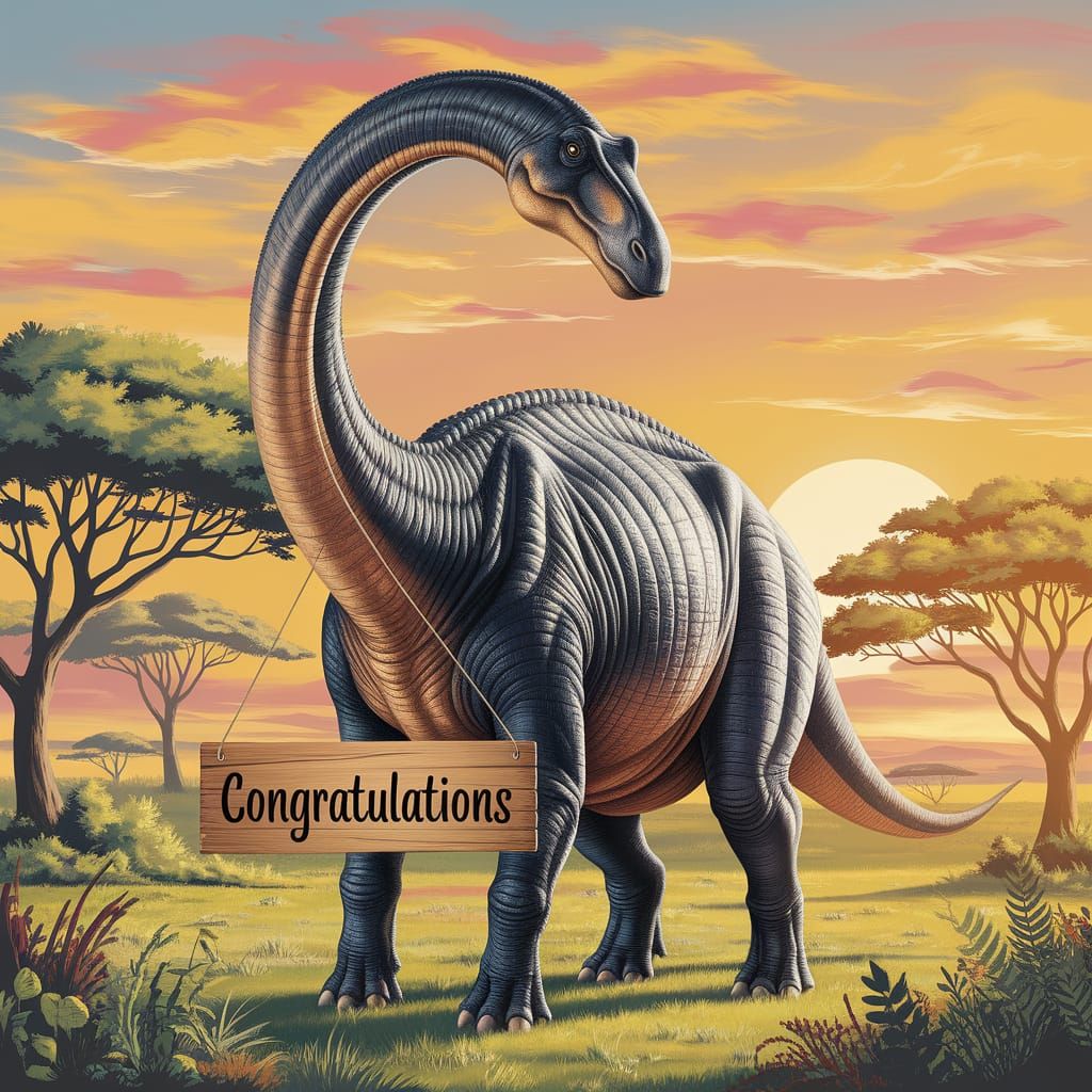 Diplodocus Holds Congratulations Sign at Sunset