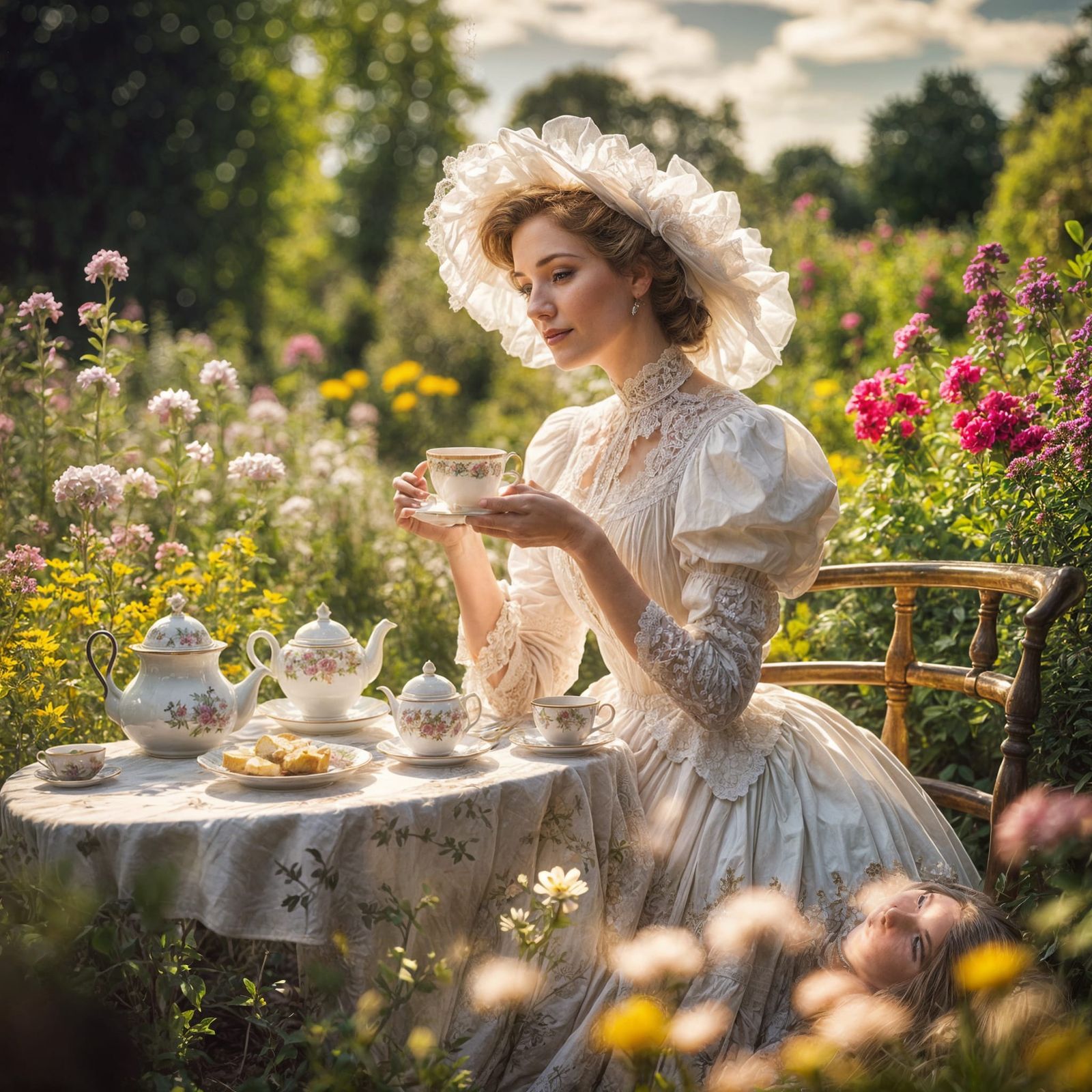 Victorian Lady's Serene Tea Time in Flower Garden
