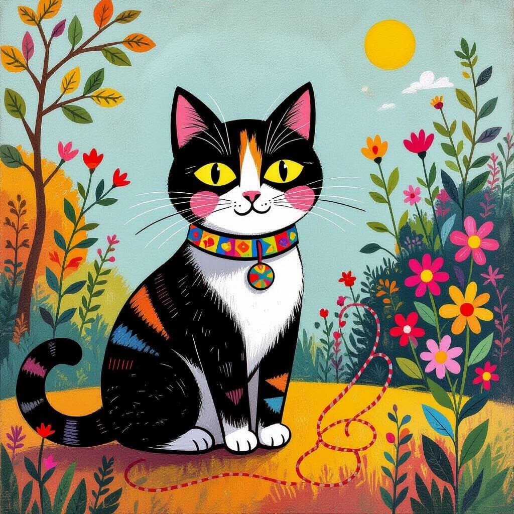 Whimsical Cat in Folk Art Garden