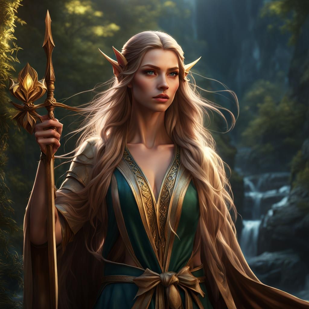 Beautiful Female Elf with Bow in Fantasy Art