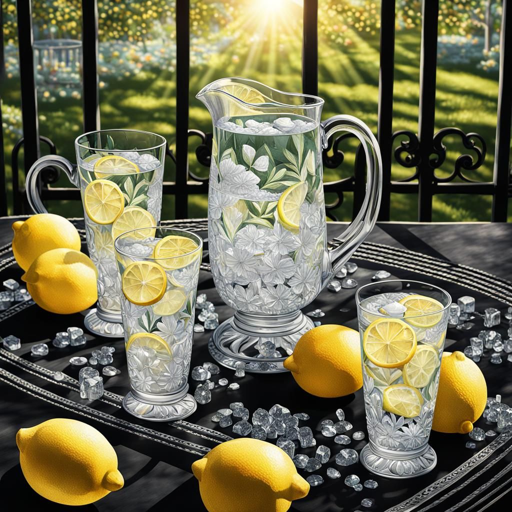 Lemonade Pitcher in Victorian Garden, Hyperrealistic Art