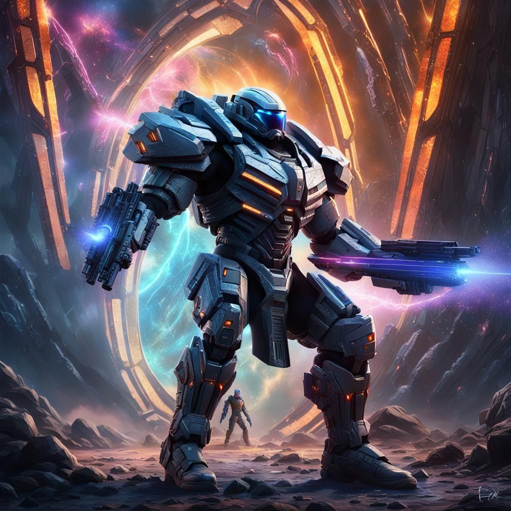 Futuristic Warrior Guarding a Cosmic Portal
