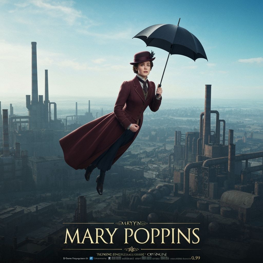 Mary Poppins Flies Over Industrial Landscape