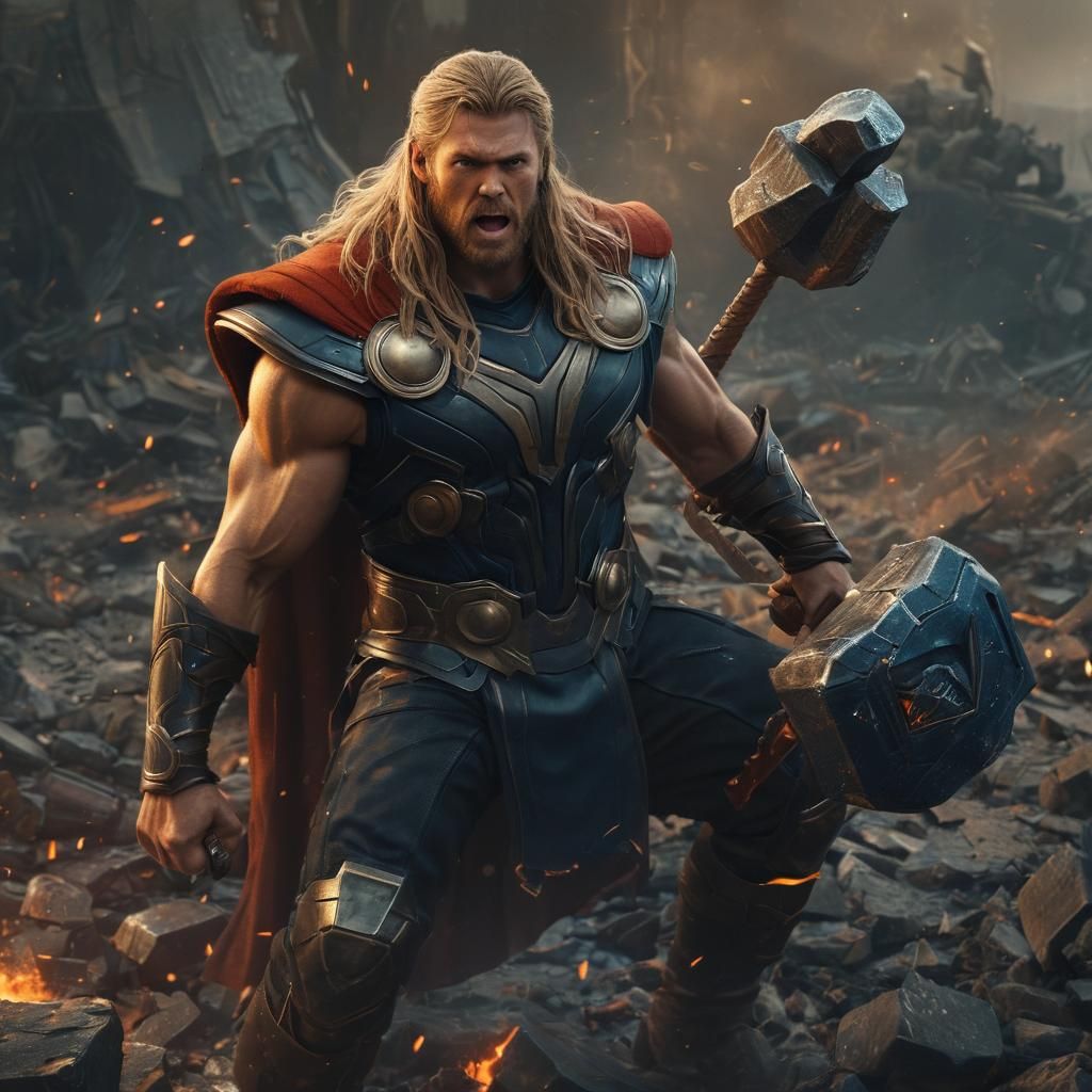 Angry Thor in War-Torn Landscape: Dark Fantasy Art