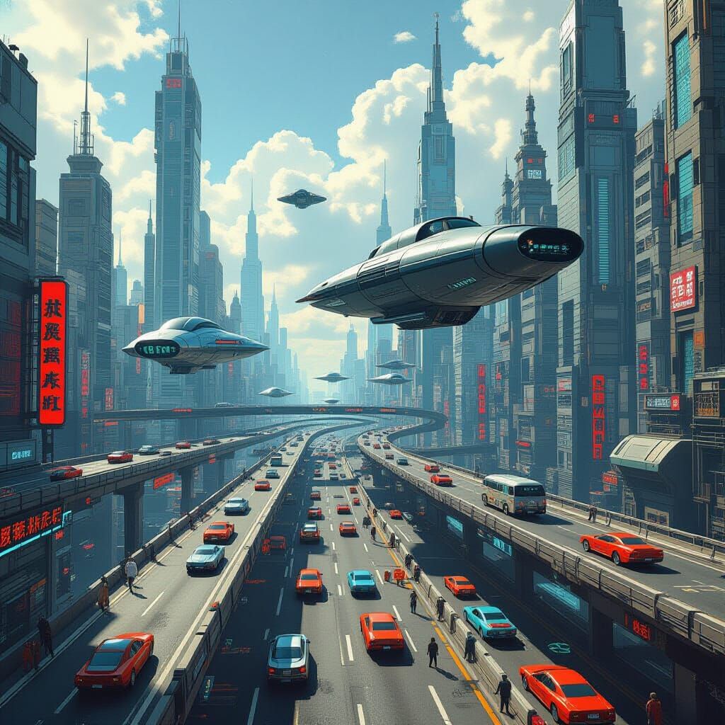 Cyberpunk Cityscape Floating in Mid-Air on Sunny Day